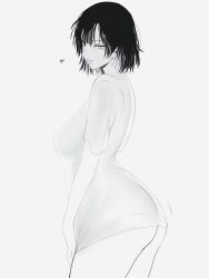 Rule 34 | 1girl, absurdres, breasts, commentary, from side, fubuki (one-punch man), greyscale, highres, looking at viewer, medium breasts, monochrome, mostlybluewyatt, one-punch man, parted lips, see-through, shirt, short hair, short sleeves, simple background, smile, solo, thighs, unfinished, white background