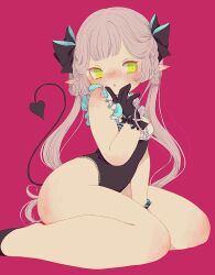 Rule 34 | 1girl, blush, bow, braid, breasts, cleavage cutout, clothing cutout, demon tail, frilled leotard, frills, gloves, green eyes, grey hair, hair bow, highleg, highleg leotard, highres, leotard, long hair, original, pink background, pointy ears, pout, simple background, small breasts, solo, tail, tonoko (annin tono), twintails