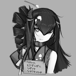 Rule 34 | 10s, 1girl, abyssal ship, ancient destroyer princess, black hair, collar, colored skin, commentary request, drill hair, female focus, grey background, greyscale, kantai collection, long hair, monochrome, one eye closed, solo, spoon, suggestive fluid, translation request, tun, upper body, white eyes, white skin, wince, yogurt