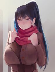 Rule 34 | 1girl, black hair, blue eyes, blue hair, blush, breasts squeezed together, breasts, brown coat, closed mouth, coat, commentary, copyright request, earrings, english commentary, grey background, hands up, highres, huge breasts, jewelry, long hair, long sleeves, looking at viewer, multicolored hair, noccu, ponytail, red scarf, scarf, solo, streaked hair, upper body