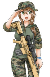 Rule 34 | 1girl, bad id, bad pixiv id, boonie hat, brown hair, camouflage, digital camouflage, dutchko, green eyes, gun, m110 sass, military, military uniform, open mouth, original, patch, rifle, salute, scrunchie, simple background, sniper rifle, solo, uniform, weapon, white background, wristband