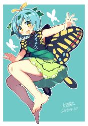 Rule 34 | 1girl, antennae, aqua hair, bare legs, barefoot, blush, border, butterfly wings, dated, dress, eternity larva, fairy, full body, green dress, hair between eyes, highres, insect wings, leaf, leaf on head, multicolored clothes, multicolored dress, open mouth, outstretched arms, sakaki (utigi), short hair, short sleeves, signature, single strap, smile, solo, spread arms, touhou, white border, wings, yellow eyes