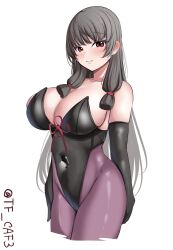 Rule 34 | 1girl, alternate breast size, alternate costume, black gloves, black hair, black leotard, black pantyhose, blush, breasts, collarbone, cowboy shot, elbow gloves, gloves, hair between eyes, hair ribbon, highres, isokaze (kancolle), kantai collection, large breasts, leotard, long hair, looking at viewer, one-hour drawing challenge, pantyhose, red eyes, ribbon, simple background, smile, solo, strapless, strapless leotard, tf cafe, tress ribbon, twitter username, white background