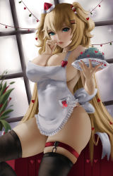 Rule 34 | 1girl, akai haato, akai haato (gothic lolita), apron, bad food, black thighhighs, blonde hair, breasts, censored, censored food, christmas ornaments, cleavage, hair ornament, hat, heart, heart hair ornament, highres, hololive, large breasts, lipstick, long hair, makeup, mini hat, mini santa hat, nail polish, nearly naked apron, no bra, panties, patreon logo, plate, red panties, santa hat, short twintails, signature, skindentation, snowflakes, solo, thigh strap, thighhighs, twintails, underwear, virtual youtuber, wei (promise 0820)
