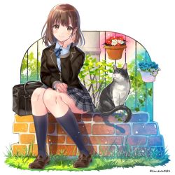Rule 34 | 1girl, bag, black jacket, blue socks, bow, bowtie, brick wall, brown eyes, brown hair, cat, collared shirt, commentary request, flower pot, grass, hand on own cheek, hand on own face, hanekoto, jacket, kneehighs, loafers, looking at viewer, original, plaid, plaid skirt, pleated skirt, school uniform, shirt, shoes, short hair, sitting, skirt, socks, solo, twitter username