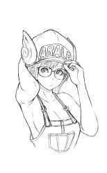 Rule 34 | 1girl, bare shoulders, breasts, cleavage, dr. slump, glasses, greyscale, hat, highres, medium breasts, monochrome, monochrome, norimaki arale, odeshi (zuma odesi), aged up, overalls, short hair, sideboob, solo, upper body
