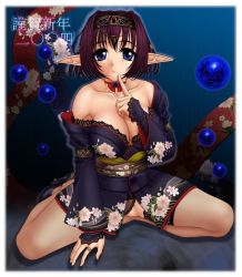 Rule 34 | 1girl, blue eyes, breasts, brown hair, bubble, choker, circlet, cleavage, japanese clothes, jewelry, large breasts, panties, pointy ears, ring, short hair, smile, solo, spread legs, underwear