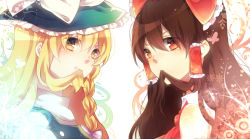 Rule 34 | 2girls, bad id, bad pixiv id, blonde hair, bow, braid, brown eyes, brown hair, female focus, hair bow, hair in own mouth, hair tubes, hakurei reimu, hat, kirisame marisa, long hair, mouth hold, multiple girls, sarara23, single braid, symmetry, toa (sarara23), touhou, witch, witch hat, yellow eyes