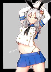 Rule 34 | 1girl, absurdres, alternate hairstyle, anchor hair ornament, arms up, black hairband, black neckerchief, black panties, blue eyes, blue skirt, breasts, cosplay, cowboy shot, crop top, elbow gloves, gloves, grey hair, hair ornament, hairband, highleg, highleg panties, highres, kantai collection, kashima (kancolle), katsuten, looking at viewer, medium breasts, miniskirt, navel, neckerchief, panties, photo-referenced, pleated skirt, revision, sailor collar, shimakaze (kancolle), shimakaze (kancolle) (cosplay), sidelocks, skirt, smile, solo, standing, striped, thong, underwear, wavy hair, white gloves