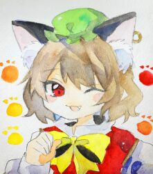 Rule 34 | 1girl, ;d, animal ear fluff, animal ear piercing, animal ears, blush, bow, bowtie, brown hair, cat ears, chen, commentary request, earrings, fang, gold trim, green hat, hand up, happy, hat, highres, jewelry, key747h, looking at viewer, mob cap, one eye closed, open mouth, paw pose, red eyes, red vest, short hair, simple background, single earring, smile, solo, touhou, vest, white background, yellow bow, yellow bowtie