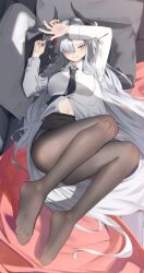Rule 34 | 1girl, absurdres, black horns, black nails, black necktie, black pantyhose, blue archive, breasts, collared shirt, demon horns, feet, fingernails, grey eyes, grey hair, grin, hair over one eye, highres, horns, large breasts, long hair, long sleeves, looking at viewer, makoto (blue archive), nail polish, navel, necktie, pantyhose, pero (peroneko0510), pointy ears, shirt, smile, solo, toes, white shirt