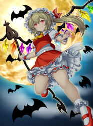Rule 34 | 1girl, absurdres, agira, ascot, bat (animal), blonde hair, bloomers, crystal, fang, flandre scarlet, floating, frilled hat, frilled shorts, frilled skirt, frilled socks, frills, full moon, hat, highres, holding, holding weapon, laevatein (touhou), looking at viewer, mob cap, moon, night, puffy short sleeves, puffy sleeves, red eyes, red footwear, red nails, red skirt, short sleeves, shorts, side ponytail, skirt, sleeve bow, smile, socks, solo, touhou, underwear, weapon, white shorts, white socks, wings, yellow ascot, yellow moon