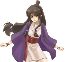 Rule 34 | 1girl, ace attorney, ahoge, beads, black hair, bracelet, capcom, coat, half updo, japanese clothes, jewelry, long hair, low-tied long hair, magatama, maya fey, necklace, outstretched arms, ponytail, prayer beads, silver hair, simple background, smile, solo, spread arms, trench coat, very long hair, white background, yuuryuu nagare