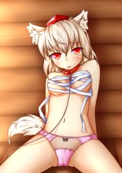 Rule 34 | 1girl, animal ears, bad id, bad pixiv id, blush, bow, bow panties, breasts, chickenman, collar, embarrassed, hat, highres, inubashiri momiji, lace, lace-trimmed panties, lace trim, leash, looking at viewer, navel, open mouth, panties, pink panties, red eyes, sarashi, short hair, silver hair, sitting, solo, tail, tokin hat, touhou, underwear, underwear only, wolf ears, wolf tail