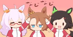 3girls ahoge animal_ears bandaid bandaid_on_cheek bandaid_on_face biwa_hayahide_(umamusume) black_hair blue_eyes blush_stickers brown_background brown_hair closed_eyes commentary_request glasses gomashio_(goma_feet) gradient_background grey_hair hair_between_eyes hair_ornament hairclip headpat horse_ears horse_girl horse_tail jacket jitome long_hair multiple_girls narita_taishin_(umamusume) parted_bangs pink_background red-framed_eyewear red_jacket semi-rimless_eyewear swept_bangs tail track_jacket translation_request umamusume under-rim_eyewear upper_body very_long_hair winning_ticket_(umamusume) |_|