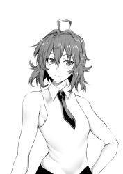 Rule 34 | 10s, 1girl, absurdres, ahoge, arashi (kancolle), bare shoulders, closed mouth, cowboy shot, eyebrows, gggg, greyscale, hair between eyes, hand on own hip, highres, kantai collection, long hair, looking at viewer, messy hair, monochrome, neckerchief, shirt, simple background, skirt, sleeveless, sleeveless shirt, smile, solo, white background