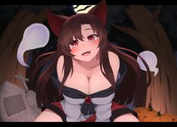 Rule 34 | 1girl, animal ears, bare shoulders, blush, breasts, brooch, brown hair, cleavage, dress, full moon, gen 2 pokemon, ghost, halloween, highres, imaizumi kagerou, jewelry, large breasts, long hair, long sleeves, mashirohiyuki, moon, natu, off-shoulder dress, off shoulder, open mouth, outdoors, red eyes, solo, touhou, white dress, wolf ears, wolf girl