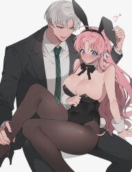 Rule 34 | 1boy, 1girl, ahoge, animal ears, bare shoulders, black bow, black bowtie, black footwear, black jacket, black leotard, black pants, black pantyhose, blue eyes, blush, bow, bowtie, breasts, checkered necktie, cleavage, collared shirt, covered navel, detached collar, dress shirt, formal, green necktie, grey eyes, grey hair, hair ribbon, heart, high heels, highres, holding another&#039;s leg, jacket, large breasts, leotard, long hair, lvemhrd, necktie, nose blush, original, pants, pantyhose, pink hair, playboy bunny, rabbit ears, ribbon, shirt, suit, sweatdrop, thighs, very long hair, white background, white ribbon, white shirt, wrist cuffs