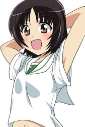 Rule 34 | 1girl, :d, alina (girls und panzer), alternate costume, arms behind head, arms up, blouse, blush, brown eyes, brown hair, commentary, girls und panzer, highres, looking at viewer, midriff, navel, no neckwear, ooarai school uniform, open mouth, sailor collar, school uniform, serafuku, shirt, short hair, short sleeves, simple background, smile, solo, summer uniform, upper body, wakku kan, white background, white sailor collar, white shirt
