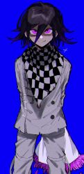 Rule 34 | 1boy, arms behind back, blue background, bouquet, buttons, checkered clothes, checkered scarf, cowboy shot, danganronpa (series), danganronpa v3: killing harmony, flower, grey jacket, grey pants, hair between eyes, highres, holding, holding bouquet, jacket, joh pierrot, long sleeves, looking at viewer, male focus, multicolored hair, oma kokichi, pants, pink eyes, scarf, short hair, signature, simple background, smile, solo, two-tone hair