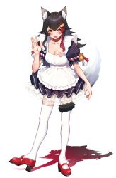 Rule 34 | 1girl, :3, :d, alternate costume, animal ear fluff, animal ears, apron, bell, black hair, blush, brown eyes, collar, commentary request, enmaided, full body, hair ornament, highres, hololive, jingle bell, long hair, looking at viewer, maid, mikan (chipstar182), multicolored hair, ookami mio, open mouth, red footwear, red hair, simple background, smile, solo, standing, streaked hair, tail, tail around own leg, tail wrap, thighhighs, very long hair, virtual youtuber, white background, white hair, white thighhighs, wolf ears, wolf girl, wolf tail