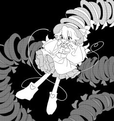 Rule 34 | 1girl, commentary request, frilled skirt, frills, full body, greyscale, hair between eyes, hat, higa423, highres, holding, holding clothes, holding hat, komeiji koishi, long hair, long sleeves, monochrome, open mouth, screentones, shirt, shoes, skirt, solo, third eye, too many hats, touhou, unfinished, wide sleeves