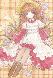 Rule 34 | 1girl, black eyes, blue flower, boots, bow, braid, brown footwear, brown hair, closed mouth, collar, collared dress, cross-laced footwear, dress, floral background, flower, frilled dress, frills, grass, hair bow, hat, hat ribbon, lace-up boots, long sleeves, original, pink bow, plaid, plaid background, pocket, red dress, ribbon, sitting, sleeve cuffs, smile, solo, sparkling eyes, sun hat, takanashi tsubasa, tall grass, twin braids, two-tone dress, white collar, white dress, yellow hat