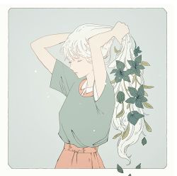 Rule 34 | 1girl, blouse, closed eyes, closed mouth, expressionless, green shirt, leaf, long hair, original, ponytail, shirt, skirt, solo, tofuvi, tying hair, upper body, wavy hair
