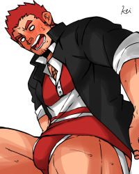 Rule 34 | 0 0, 1boy, bara, black jacket, blush, briefs, bulge, drooling, facial hair, feet out of frame, tamamura gunzo, jacket, k ei3k, looking down, male focus, male underwear, mouth drool, muscular, muscular male, open clothes, open jacket, pectorals, red male underwear, rugby uniform, scar, scar on chest, short hair, sideburns, sleeves rolled up, solo, sportswear, spread legs, stubble, sweatdrop, thick thighs, thighs, tokyo houkago summoners, underwear