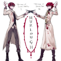 Rule 34 | 2boys, blood, blood on clothes, boots, character name, coat, colored skin, dual persona, holding, holding knife, knife, long coat, male focus, multiple boys, murlough, open clothes, open coat, purple skin, red hair, short hair, smile, the saga of darren shan, the saga of larten crepsley, time paradox, weapon, yomunow, aged down