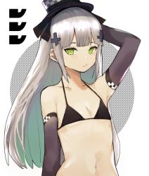 Rule 34 | 1girl, absurdres, aged down, arm up, armpits, bad id, bad pixiv id, bare shoulders, bikini, black bikini, black gloves, black headwear, blunt bangs, blush, collarbone, commentary request, cross hair ornament, ddari, dotted background, elbow gloves, flat chest, girls&#039; frontline, gloves, green eyes, hair ornament, highres, hk416 (black kitty&#039;s gift) (girls&#039; frontline), hk416 (girls&#039; frontline), huge filesize, korean commentary, looking at viewer, navel, sidelocks, silver hair, solo, string bikini, swimsuit, upper body, white background