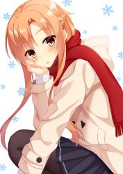 Rule 34 | 1girl, asuna (sao), beige jacket, black skirt, blush, brown eyes, brown hair, commentary request, dot nose, gyaoo yuzu soft, hand on own cheek, hand on own face, highres, hood, hoodie, jacket, long hair, looking at viewer, miniskirt, open mouth, pantyhose, red neckwear, red scarf, scarf, simple background, sitting, skirt, snowflake print, snowflakes, solo, sword art online, white background, winter, winter clothes