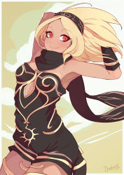 Rule 34 | 1girl, artist name, bare shoulders, black scarf, blonde hair, blush, breasts, closed mouth, commentary, cowboy shot, darahan, dark-skinned female, dark skin, english commentary, gravity daze, gravity daze 2, hands in hair, headband, high heels, kitten (gravity daze), leotard, long hair, looking back, medium breasts, outstretched arms, red eyes, scarf, signature, simple background, smile, solo, spread arms, strapless, vambraces