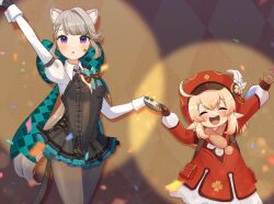Rule 34 | 2girls, :d, ^ ^, absurdres, ahoge, animal ear fluff, animal ears, arm up, backpack, bag, bow, braid, brown gloves, cabbie hat, cat ears, cat girl, cat tail, closed eyes, coat, commentary request, confetti, forehead, genshin impact, gloves, grey hair, hair between eyes, hair bow, hair ribbon, hat, hat feather, hat ornament, height difference, highres, klee (genshin impact), light brown hair, long hair, long sleeves, looking at viewer, low ponytail, low twintails, lynette (genshin impact), multiple girls, nami harakamiaka, open mouth, parted bangs, parted lips, pocket, pointy ears, purple eyes, red coat, red headwear, ribbon, sidelocks, single braid, smile, star tattoo, tail, tattoo, twintails, two-tone gloves