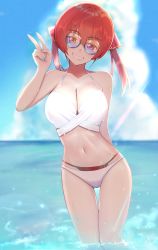 Rule 34 | 1girl, absurdres, alternate costume, bikini, blue-tinted eyewear, blue-tinted glasses, blue nails, breasts, cloud, day, grin, hair between eyes, head tilt, heterochromia, highres, hololive, houshou marine, large breasts, layered bikini, lens flare, light rays, long hair, looking at viewer, melow menow, nail polish, navel, ocean, outdoors, purple-tinted eyewear, purple-tinted glasses, red bikini, red eyes, red hair, round eyewear, sky, smile, solo, standing, stomach, sunglasses, swimsuit, tinted eyewear, twintails, v, virtual youtuber, wading, water, white bikini, yellow eyes