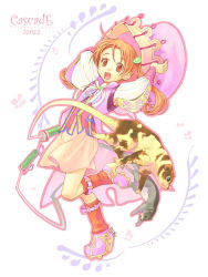 Rule 34 | 1girl, :d, ahoge, animal, arms up, boots, buttons, child, flat chest, hair ornament, hat, high heels, leg up, long hair, mitto, open mouth, orange eyes, orange hair, original, ribbon, shirt, shoes, signature, skirt, smile, socks, solo, standing, standing on one leg, strap, striped clothes, striped shirt, twintails, vest, watanuki nao