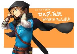 Rule 34 | 1boy, blue eyes, brown hair, cloak, commentary request, copyright name, earrings, highres, hood, jewelry, link, makai, male focus, nintendo, pointy ears, solo, the legend of zelda, the legend of zelda: breath of the wild, tunic, weapon, weapon on back