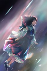 Rule 34 | 1girl, ascot, backlighting, bad id, bad pixiv id, black hair, blurry, bow, collar, dark, detached sleeves, expressionless, flying, frilled bow, frilled collar, frilled shirt collar, frilled skirt, frilled socks, frills, hair bow, hair tubes, hakurei reimu, highres, light particles, long hair, looking afar, motion blur, night, night sky, nori (stak819), red eyes, red footwear, red skirt, ribbon-trimmed sleeves, ribbon trim, shoes, skirt, sky, sleeveless, socks, solo, star (sky), starry sky, touhou, white socks