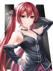 Rule 34 | 1girl, black choker, black ribbon, breasts, choker, cleavage, closed mouth, clothing cutout, collarbone, cosplay, fire emblem, fire emblem awakening, floating hair, hair between eyes, hair ribbon, hand on own hip, ia (vocaloid), ia (vocaloid) (cosplay), long hair, looking at viewer, nintendo, pink skirt, pleated skirt, red eyes, red hair, ribbon, severa (fire emblem), shoulder cutout, skirt, small breasts, smile, solo, standing, ten (tenchan man), twintails, very long hair, vocaloid