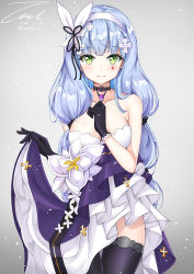 Rule 34 | 1girl, 2018, 3:, bare shoulders, black gloves, black thighhighs, blue hair, blush, breasts, choker, closed mouth, clothes lift, collarbone, cowboy shot, dated, dress, dress lift, girls&#039; frontline, gloves, gradient background, green eyes, hairband, hk416 (girls&#039; frontline), hk416 (starry cocoon) (girls&#039; frontline), large breasts, long hair, official alternate costume, signature, solo, standing, strapless, strapless dress, thighhighs, twitter username, unel1211, very long hair
