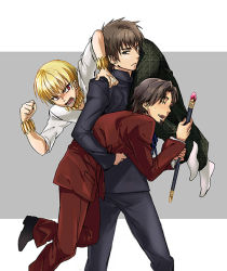 Rule 34 | 3boys, bad id, bad pixiv id, blonde hair, bracelet, brown eyes, brown hair, cane, carrying, carrying under arm, facial hair, fate/zero, fate (series), gilgamesh (fate), goatee, jewelry, kotomine kirei, maccyman, male focus, multiple boys, necklace, official alternate costume, person over shoulder, red eyes, snakeskin print, staff, tohsaka tokiomi