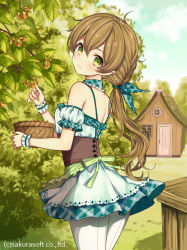 Rule 34 | 1girl, ahoge, bare shoulders, basket, blue sky, blush, breasts, brown hair, character request, closed mouth, cloud, cloudy sky, commentary request, day, detached sleeves, door, dress, from side, green dress, green eyes, green ribbon, green sleeves, hair between eyes, hair ribbon, head tilt, house, long hair, looking at viewer, looking back, low ponytail, nut (food), outdoors, pantyhose, plaid, plaid dress, plaid ribbon, ponytail, puffy short sleeves, puffy sleeves, ribbon, short sleeves, sky, sleeveless, sleeveless dress, small breasts, smile, solo, standing, teikoku senki, very long hair, watermark, white pantyhose, window, wrist cuffs, yuuki rika