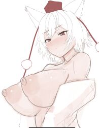 Rule 34 | 1girl, alternate breast size, animal ears, blush, breasts, brown eyes, closed mouth, commission, detached sleeves, furrowed brow, hat, highres, huge nipples, inubashiri momiji, large areolae, large breasts, looking at viewer, medium hair, nipples, nose blush, nude, parted bangs, pom pom (clothes), shibori kasu, simple background, sketch, solo, stomach, tokin hat, touhou, upper body, white background, white hair, wolf ears