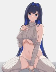 Rule 34 | blue eyes, blue hair, breasts, hand on own chest, highres, hololive, hololive english, kneeling, large breasts, looking at viewer, meme attire, on floor, ouro kronii, sitting, spread legs, stomach, sweater, underboob, virgin destroyer sweater, virtual youtuber, wariza, zeropen