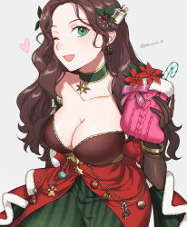 Rule 34 | 1girl, belt, breasts, brown hair, candy, candy cane, choker, christmas, christmas stocking, cleavage, collarbone, commentary, dorothea arnault, dorothea arnault (winter), dress, earrings, fire emblem, fire emblem: three houses, fire emblem heroes, fire emblem warriors: three hopes, food, frilled dress, frills, fur trim, gift hair ornament, green dress, green eyes, highres, jewelry, large breasts, long hair, looking at viewer, nintendo, official alternate costume, official alternate hairstyle, one eye closed, open mouth, peach11 01, red dress, shadow, signature, smile, solo, stud earrings