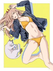 Rule 34 | bikini, breasts, brown hair, cat, chainsaw man, fang, highres, hood, hoodie, horns, long hair, medium breasts, navel, open mouth, power (chainsaw man), shiren (ourboy83), simple background, swimsuit, thighs