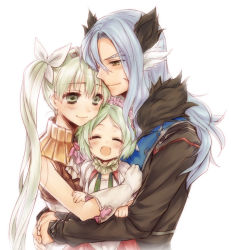 Rule 34 | 1boy, 2girls, :d, ^ ^, animal ears, bad id, bad pixiv id, blue hair, blush, closed eyes, couple, diras, family, father and daughter, flower, forked eyebrows, frey (rune factory), fur trim, gloves, green hair, hair between eyes, hair flower, hair ornament, hair ribbon, happy, hug, long hair, long sleeves, luna (rune factory), mother and daughter, multiple girls, open mouth, parted bangs, ribbon, rune factory, rune factory 4, simple background, sleeveless, smile, thick eyebrows, tiara, twintails, utsugi (skydream), white background, white gloves