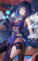 1girl asymmetrical_gloves bare_shoulders black_gloves black_hair black_pants blue_dress blue_hair blush bob_cut bracelet breasts cleavage cleavage_cutout clothing_cutout diagonal_bangs dice dress earrings elbow_gloves fingerless_gloves fur-trimmed_jacket fur_trim genshin_impact gloves green_eyes grin highres jacket jacket_on_shoulders jewelry large_breasts looking_at_viewer mismatched_gloves mole mole_on_breast multicolored_hair neck_ring nima_(niru54) pants pelvic_curtain short_hair smile solo tassel thighs tight_clothes tight_pants two-tone_hair vision_(genshin_impact) water white_gloves white_jacket yelan_(genshin_impact)