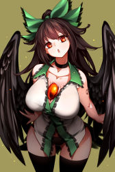 Rule 34 | 1girl, :o, absurdres, bare arms, black choker, black hair, black panties, black wings, bow, breasts, bright pupils, brown hair, cape, choker, collarbone, cowboy shot, gluteal fold, green background, green bow, hair bow, head tilt, highres, large breasts, long hair, looking at viewer, no pants, open mouth, panties, ponytail, radiation symbol, raptor7, red eyes, reiuji utsuho, shirt, simple background, sleeveless, sleeveless shirt, solo, thighhighs, third eye, touhou, underwear, white shirt, wings