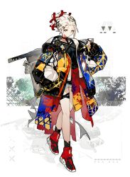 Rule 34 | 1girl, baggy clothes, hair up, hands in pockets, highres, jacket, katana, legs, multicolored clothes, multicolored jacket, original, red footwear, shiba (s hi ba ), shoes, solo, sword, weapon, white hair, yellow eyes